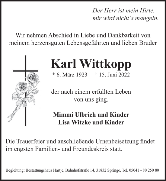 Traueranzeige von Karl Wittkopp von Neue Deister-Zeitung