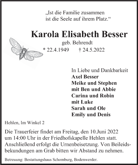 Traueranzeige von Karola Besser von Deister- und Weserzeitung