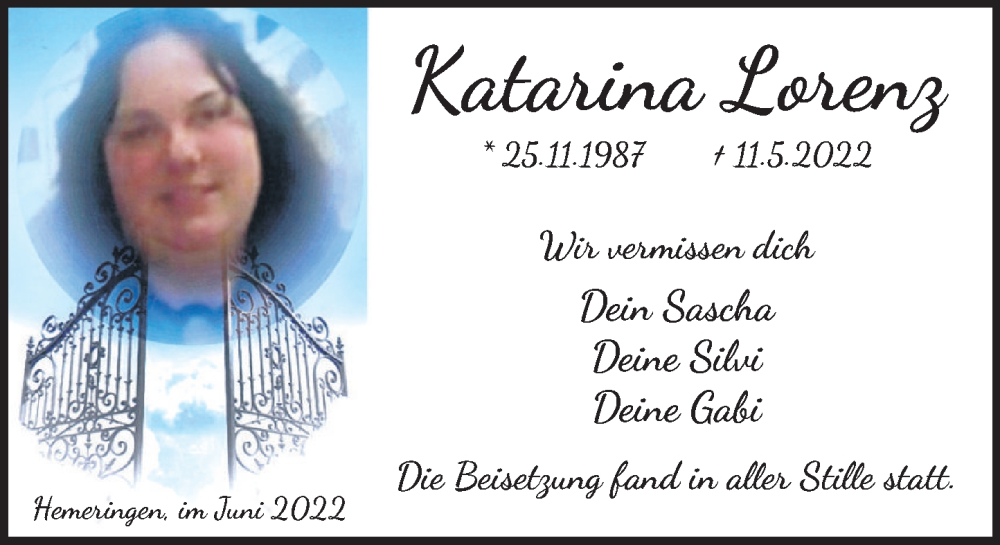  Traueranzeige für Katarina Lorenz vom 04.06.2022 aus Deister- und Weserzeitung