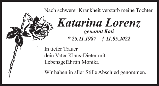 Traueranzeige von Katarina Lorenz von Deister- und Weserzeitung