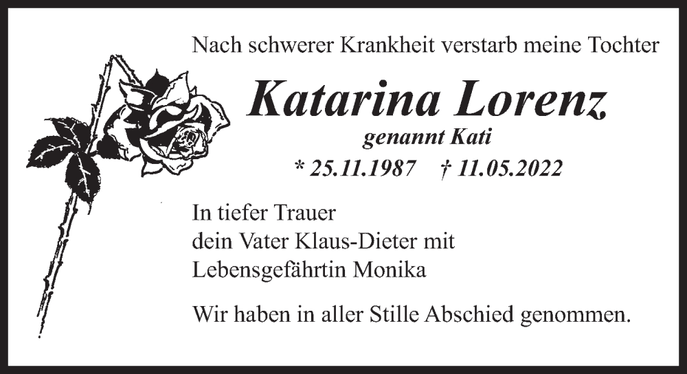  Traueranzeige für Katarina Lorenz vom 04.06.2022 aus Deister- und Weserzeitung