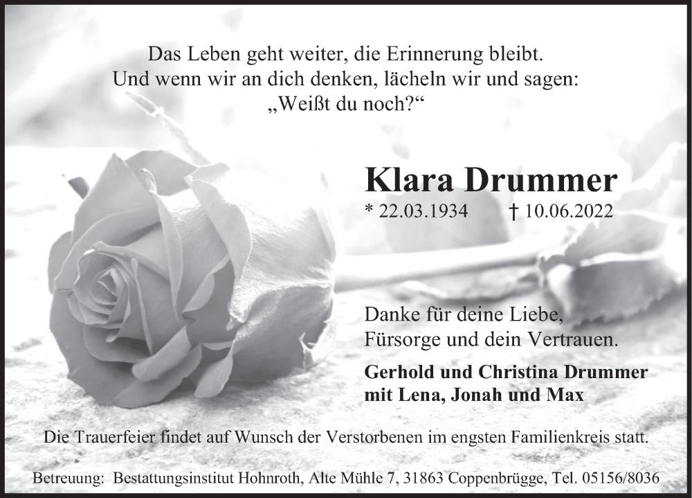 Traueranzeige für Klara Drummer vom 18.06.2022 aus Deister- und Weserzeitung