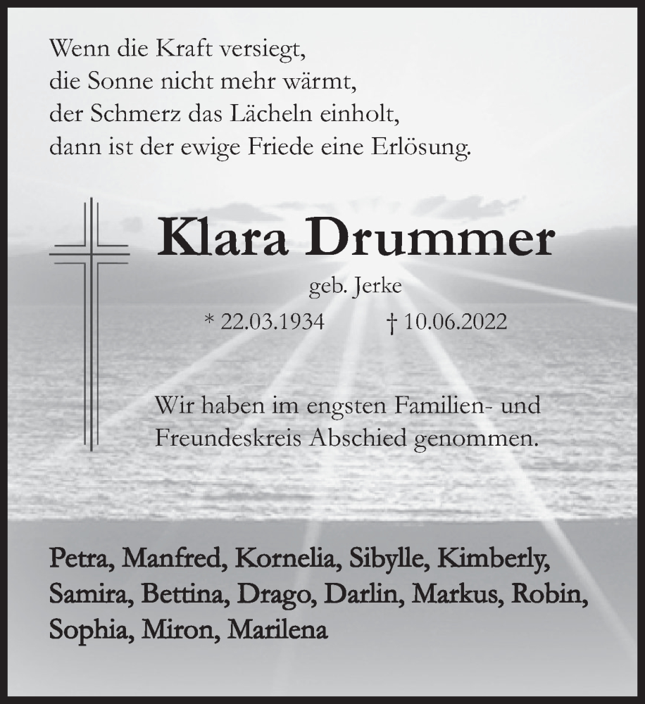  Traueranzeige für Klara Drummer vom 24.06.2022 aus Deister- und Weserzeitung