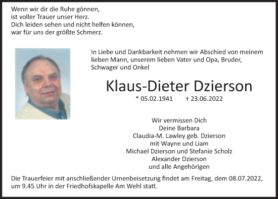Traueranzeige von Klaus-Dieter Dzierson von Deister- und Weserzeitung