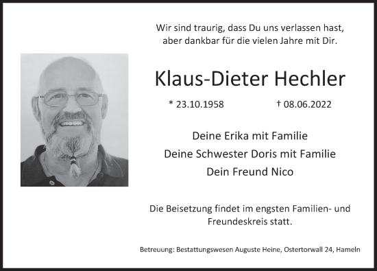 Traueranzeige von Klaus-Dieter Hechler von Deister- und Weserzeitung