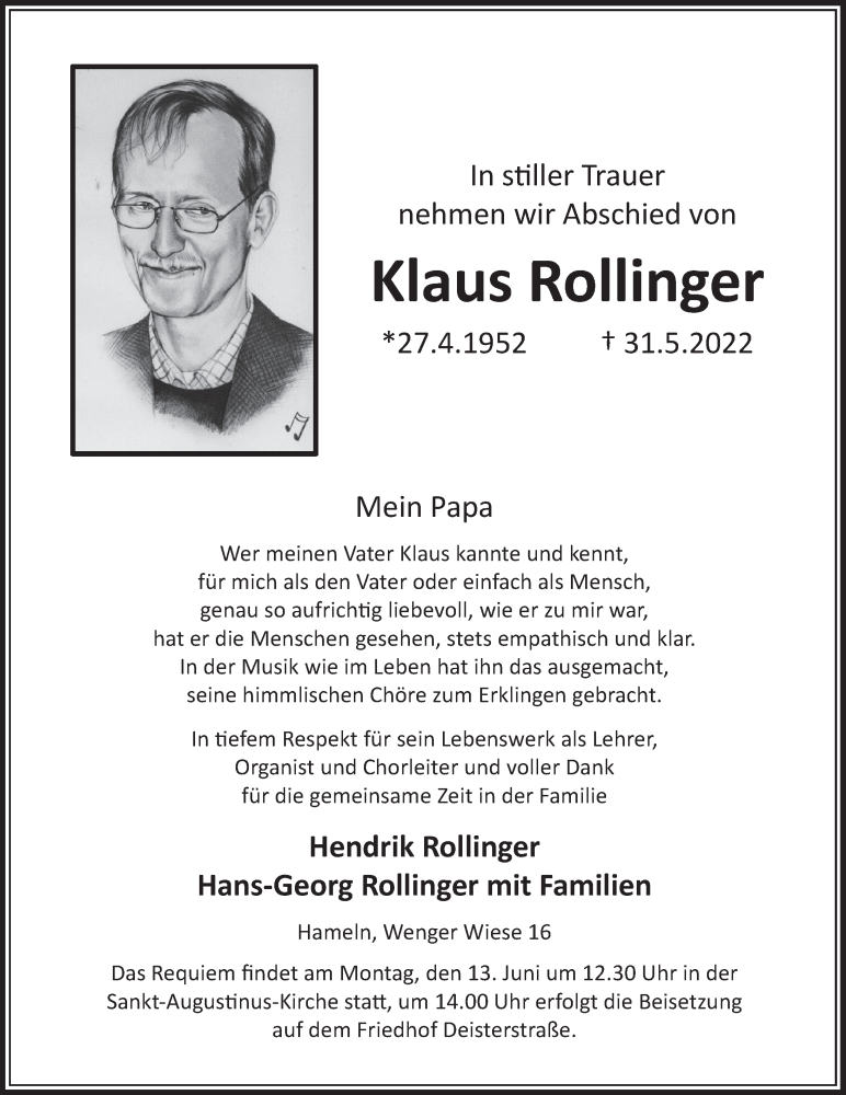  Traueranzeige für Klaus Rollinger vom 04.06.2022 aus Deister- und Weserzeitung