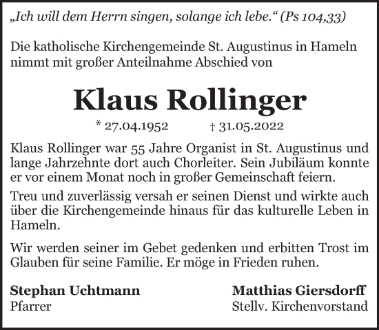 Traueranzeige von Klaus Rollinger von Deister- und Weserzeitung