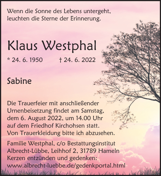 Traueranzeige von Klaus Westphal von Deister- und Weserzeitung