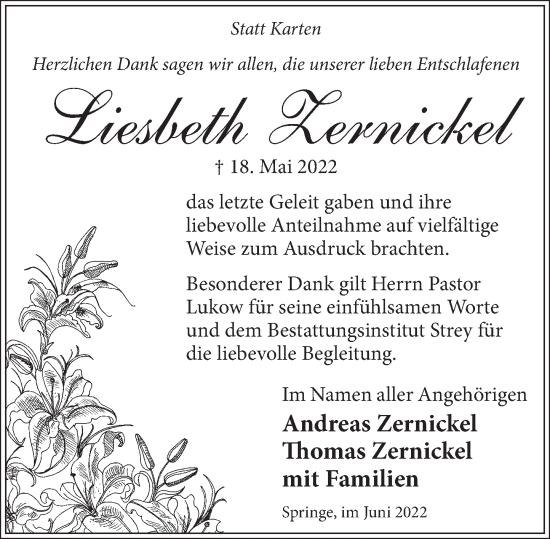 Traueranzeige von Liesbeth Zernickel von Neue Deister-Zeitung