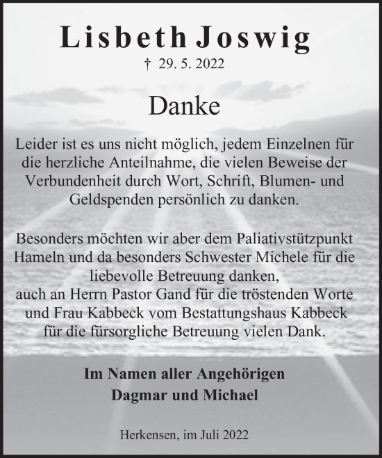 Traueranzeige von Lisbeth Joswig von Deister- und Weserzeitung