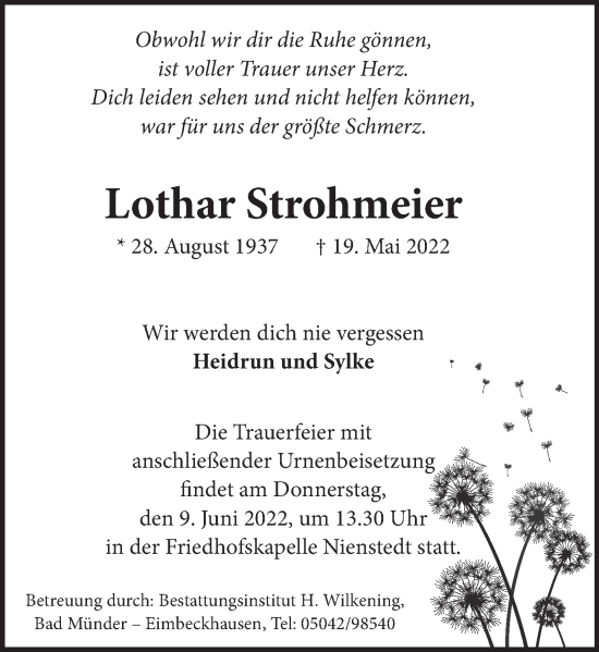Traueranzeige von Lothar Strohmeier von Neue Deister-Zeitung
