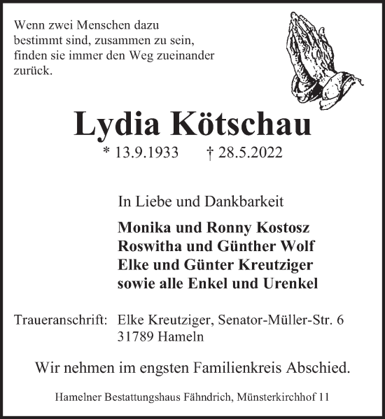 Traueranzeige von Lydia Kötschau von Deister- und Weserzeitung