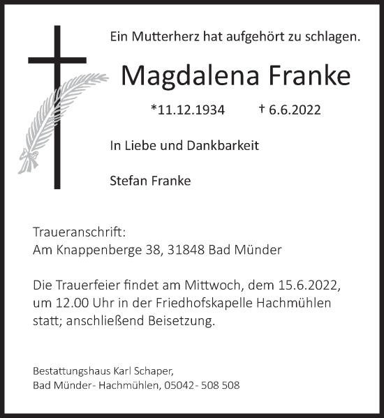 Traueranzeige von Magdalena Franke von Neue Deister-Zeitung