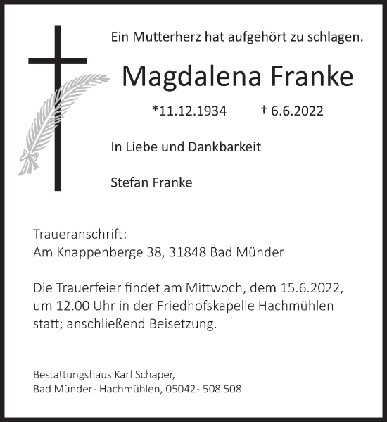 Traueranzeige von Magdalena Franke von Deister- und Weserzeitung