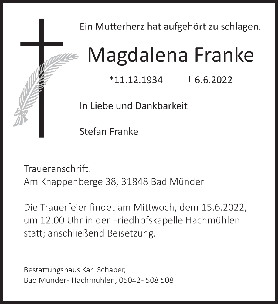  Traueranzeige für Magdalena Franke vom 11.06.2022 aus Neue Deister-Zeitung