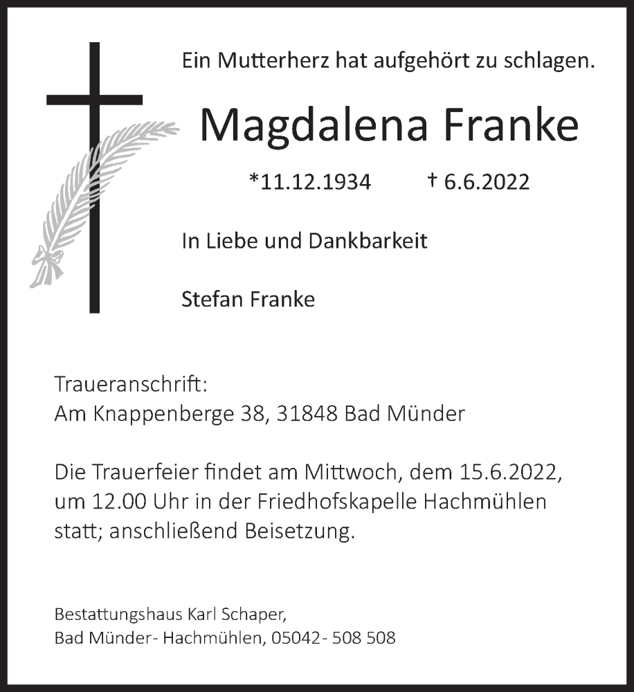  Traueranzeige für Magdalena Franke vom 11.06.2022 aus Deister- und Weserzeitung