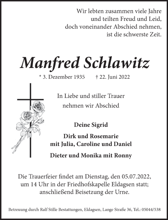 Traueranzeige von Manfred Schlawitz von Neue Deister-Zeitung