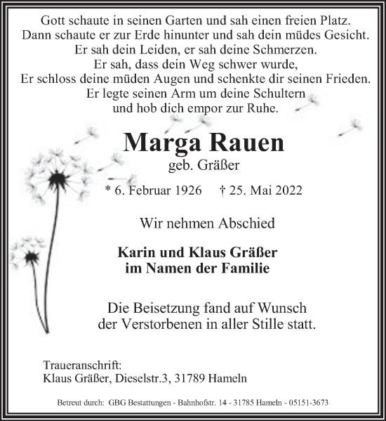 Traueranzeige von Marga Rauen von Deister- und Weserzeitung