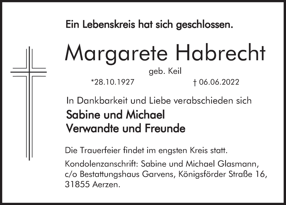  Traueranzeige für Margarete Habrecht vom 18.06.2022 aus Deister- und Weserzeitung