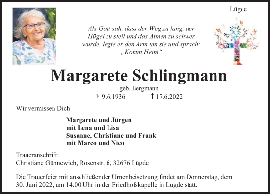 Traueranzeige von Margarete Schlingmann von Deister- und Weserzeitung