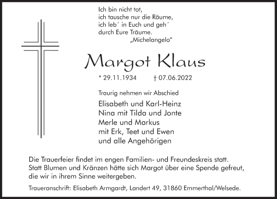Traueranzeige von Margot Klaus von Deister- und Weserzeitung