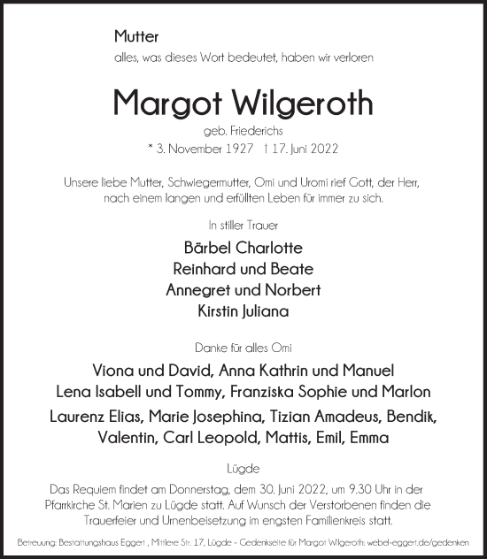 Traueranzeige von Margot Wilgeroth von Deister- und Weserzeitung