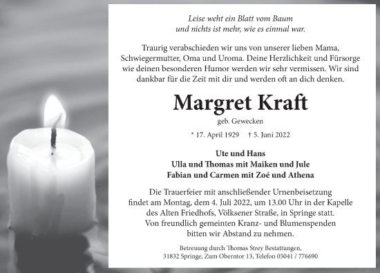 Traueranzeige von Margret Kraft von Neue Deister-Zeitung