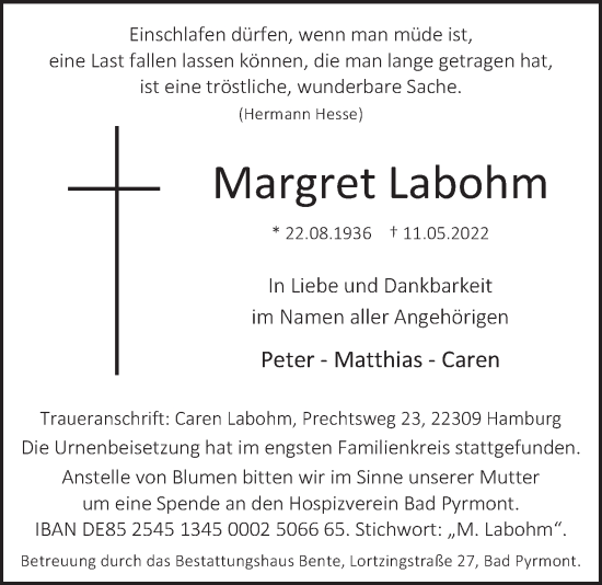 Traueranzeige von Margret Labohm von Deister- und Weserzeitung