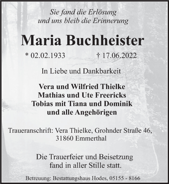 Traueranzeige von Maria Buchheister von Deister- und Weserzeitung