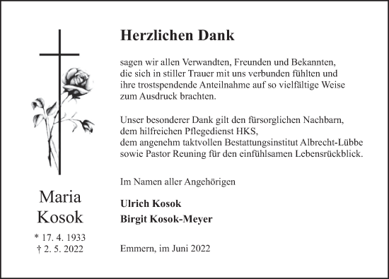 Traueranzeige von Maria Kosok von Deister- und Weserzeitung