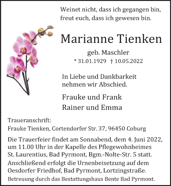 Traueranzeige von Marianne Tienken von Deister- und Weserzeitung