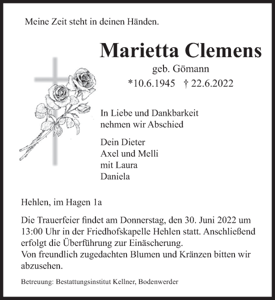 Traueranzeige von Marietta Clemens von Deister- und Weserzeitung