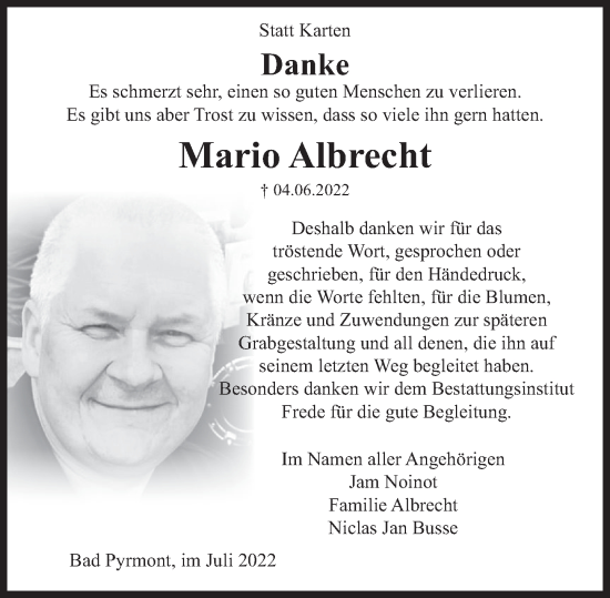 Traueranzeige von Mario Albrecht von Deister- und Weserzeitung