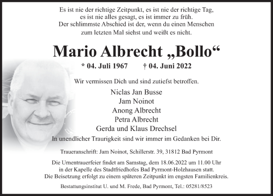 Traueranzeige von Mario Albrecht Bollo von Deister- und Weserzeitung