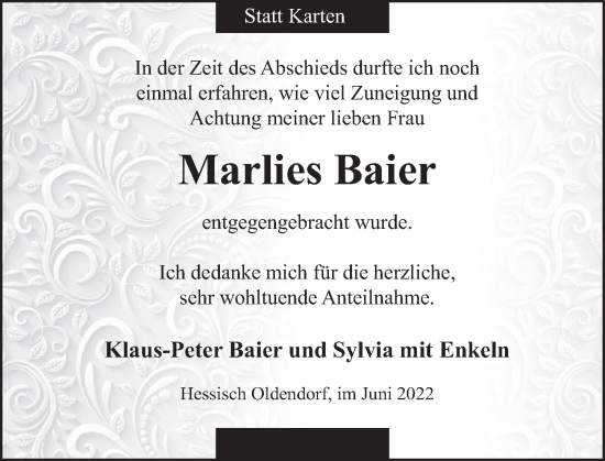 Traueranzeige von Marlies Baier von Deister- und Weserzeitung