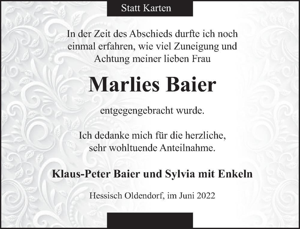  Traueranzeige für Marlies Baier vom 04.06.2022 aus Deister- und Weserzeitung
