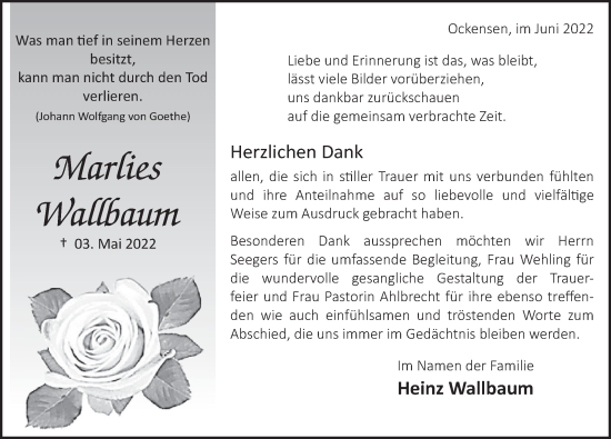 Traueranzeige von Marlies Wallbaum von Deister- und Weserzeitung