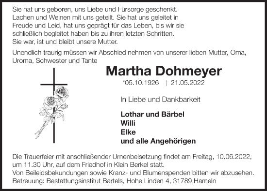 Traueranzeige von Martha Dohmeyer von Deister- und Weserzeitung