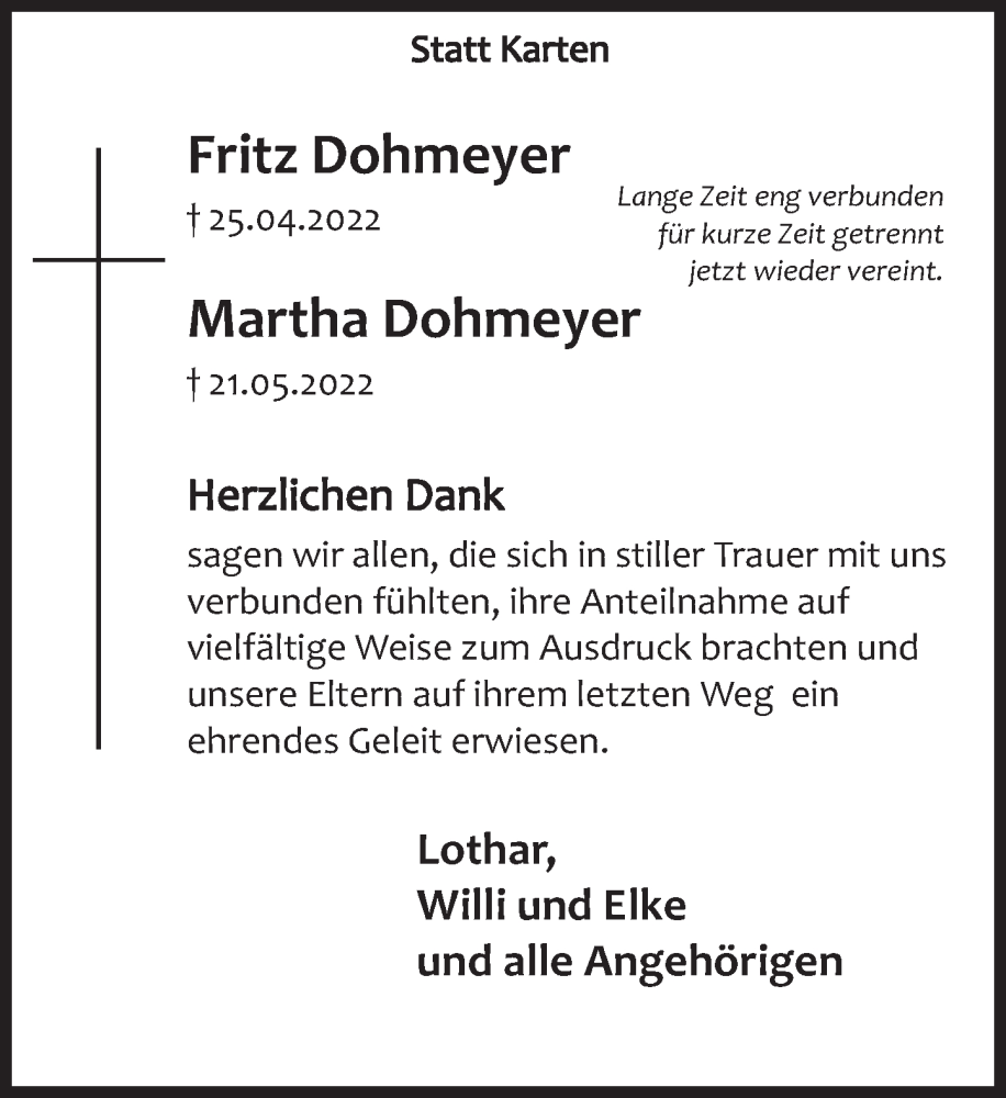  Traueranzeige für Martha Dohmeyer vom 25.06.2022 aus Deister- und Weserzeitung