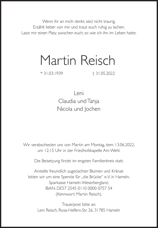 Traueranzeige von Martin Reisch von Deister- und Weserzeitung