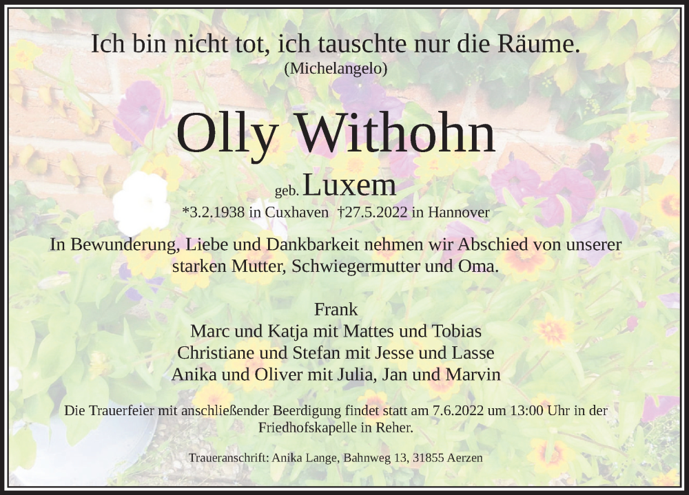  Traueranzeige für Olly Withohn vom 04.06.2022 aus Deister- und Weserzeitung