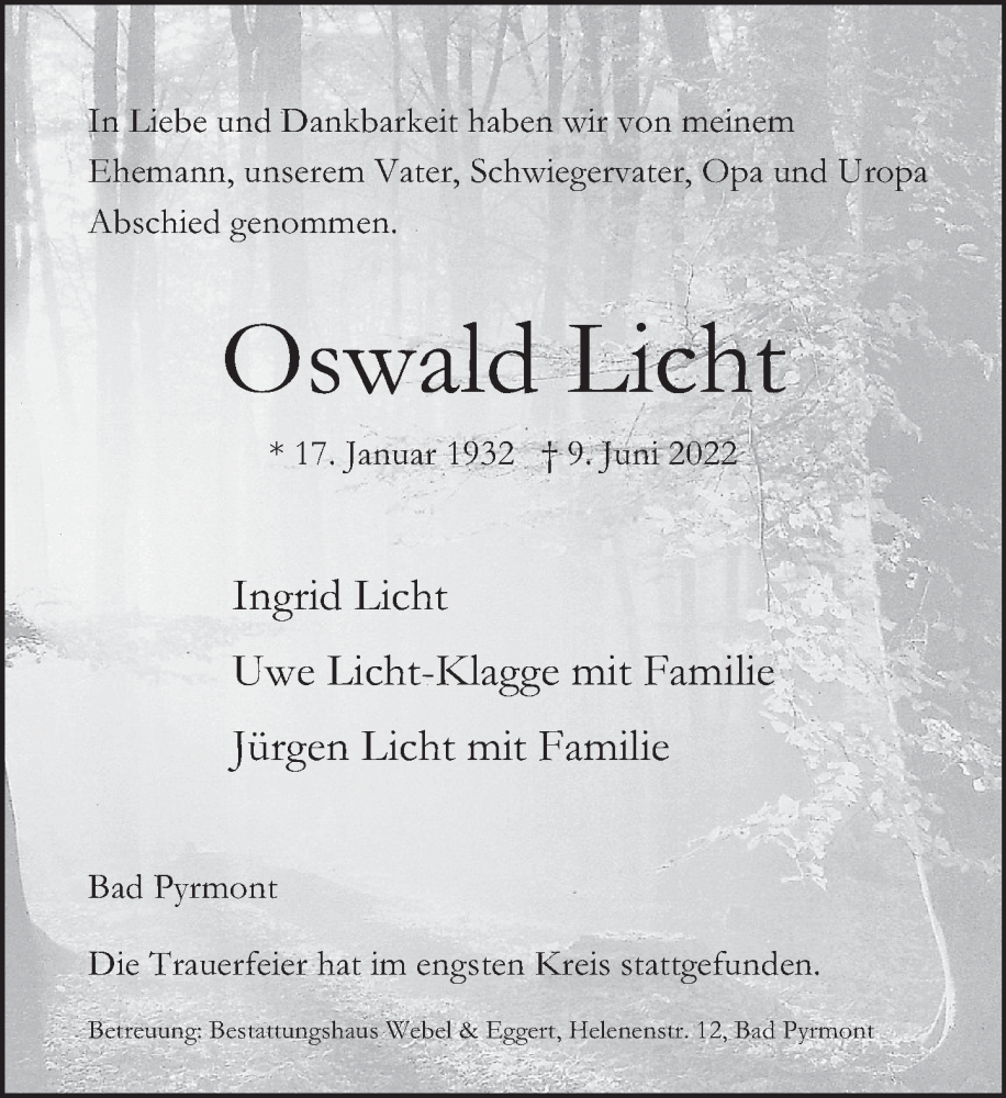  Traueranzeige für Oswald Licht vom 18.06.2022 aus Deister- und Weserzeitung