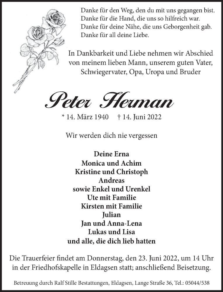  Traueranzeige für Peter Herman vom 20.06.2022 aus Neue Deister-Zeitung