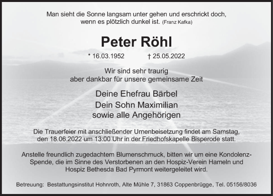 Traueranzeige von Peter Röhl von Deister- und Weserzeitung
