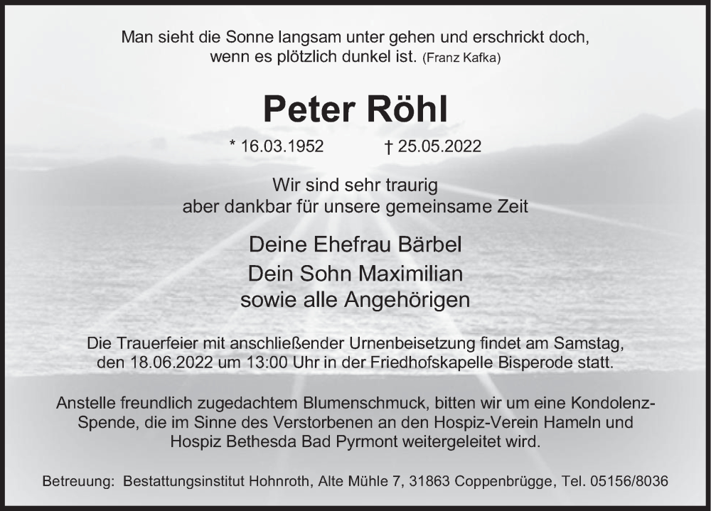  Traueranzeige für Peter Röhl vom 04.06.2022 aus Deister- und Weserzeitung