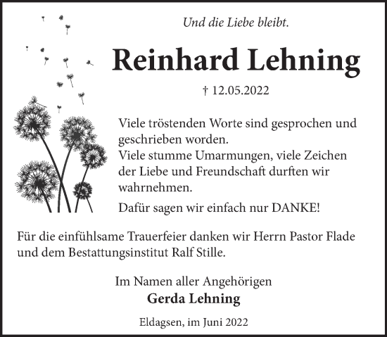 Traueranzeige von Reinhard Lehning von Neue Deister-Zeitung