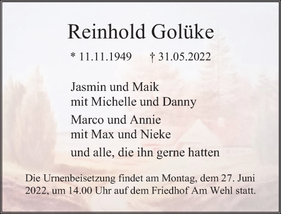 Traueranzeige von Reinhold Golüke von Deister- und Weserzeitung