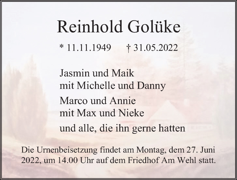  Traueranzeige für Reinhold Golüke vom 17.06.2022 aus Deister- und Weserzeitung