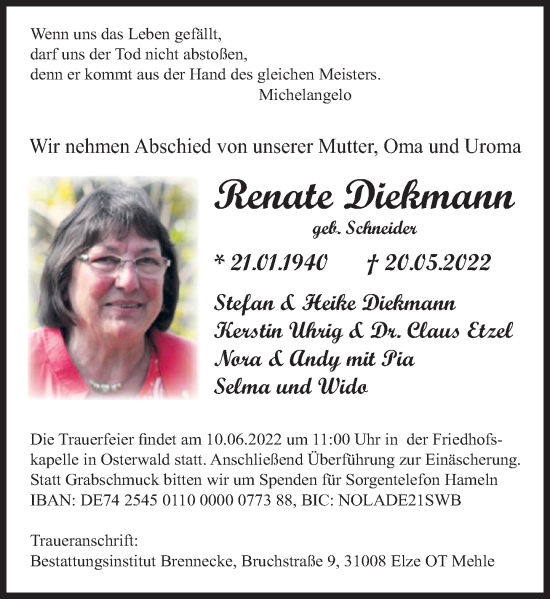 Traueranzeige von Renate Diekmann von Deister- und Weserzeitung