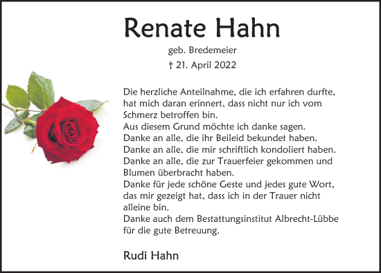 Traueranzeige von Renate Hahn von Deister- und Weserzeitung